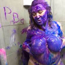 PennyBanks: Penny covered in paint and pink slime in lingerie and topless!