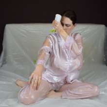 MessyCleo: Cleo drenches her pink satin pyjamas in baby oil