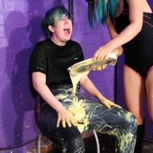 DungeonMasterOne: Daisy fills her blue-haired friend Virginia's sportswear with custard!