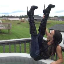 Jayce: Denim+Leather Soaked Sexy Walk to Hottub Dive to Bikini!