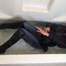 Jayce: Denim+Leather Soaked Sexy Walk to Hottub Dive to Bikini!