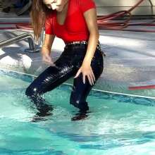 Tight and Wet Clothes: Felicia in Tight Levi's Jeans Red Shirt  Heels in the Pool