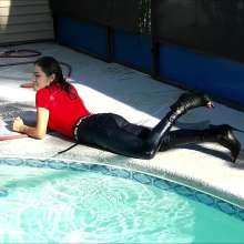 Tight and Wet Clothes: Felicia in Tight Levi's Jeans Red Shirt  Heels in the Pool