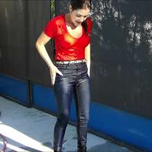 Tight and Wet Clothes: Felicia in Tight Levi's Jeans Red Shirt  Heels in the Pool