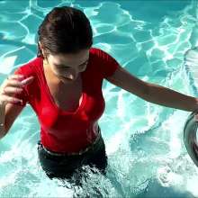 Tight and Wet Clothes: Felicia in Tight Levi's Jeans Red Shirt  Heels in the Pool