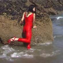 WSMProductions: Jade in Red Silk Pyjamas in the Sea