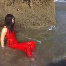 WSMProductions: Jade in Red Silk Pyjamas in the Sea