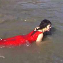 WSMProductions: Jade in Red Silk Pyjamas in the Sea