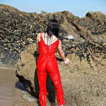 WSMProductions: Jade in Red Silk Pyjamas in the Sea