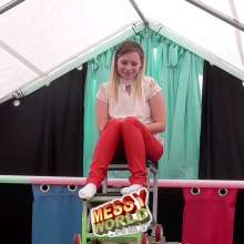 LiquidX: Cat Plunged in Ankle Socks, Red Trousers and White Top