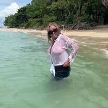 Wet_look_elena: Very Thin White Top and Skintight Jeans in the Sea
