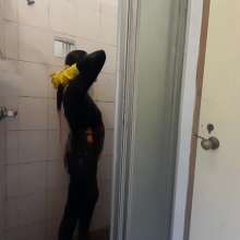 Thefetishgirl: Shiny Leggings, Rubber Gloves, Shower, Slime and Pie
