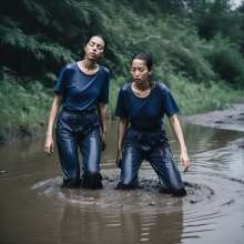 DungeonMasterOne: Women in blue fatigues in a lake of mud
