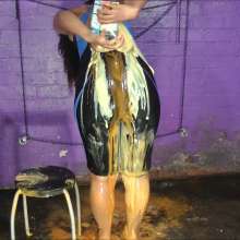 DungeonMasterOne: d/l: Friday fills her legsuit swimsuit with cream, cusard, and soup!