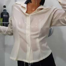 Wetlook-Niro: Wet Black Nylon and White Blouse