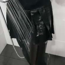 Wetlook-Niro: Wet Black Nylon and White Blouse