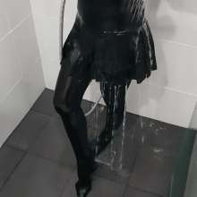 Wetlook-Niro: Wet Black Nylon and White Blouse