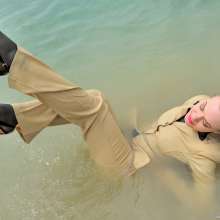 ufa217: Kylie gets wet in business trousers suit in the lake.