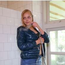 eileenvogel: W315 Eileen in jeans skirt and jacket taking a bath