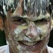 wamgame1: Ian in White Clothes Covered in Food and Water