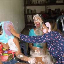 RevSlymsford: Messy Office:  Messy 3 Girl Piefight In Casual Wear