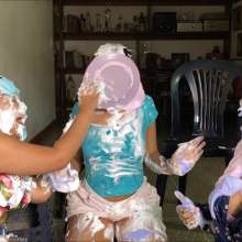RevSlymsford: Messy Office:  Messy 3 Girl Piefight In Casual Wear