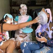 RevSlymsford: Messy Office:  Messy 3 Girl Piefight In Casual Wear