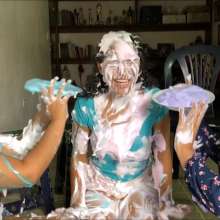 RevSlymsford: Messy Office:  Messy 3 Girl Piefight In Casual Wear