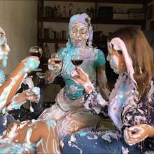 RevSlymsford: Messy Office:  Messy 3 Girl Piefight In Casual Wear