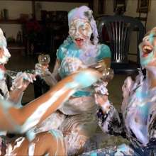 RevSlymsford: Messy Office:  Messy 3 Girl Piefight In Casual Wear
