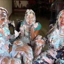 RevSlymsford: Messy Office:  Messy 3 Girl Piefight In Casual Wear