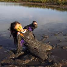 EgyptianRRR: Muddy and Wet Girl in fila tracksuit and Platform fila Disruptor Sneakers
