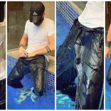 soakedguy: Wet Cal Surf Trackies in Pool