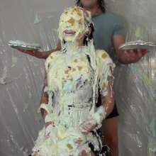 Miss Nicole: Natalie Is Barraged with a Dozen Pies and Slime in PVC Dress