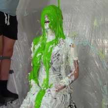 Miss Nicole: Natalie Is Barraged with a Dozen Pies and Slime in PVC Dress
