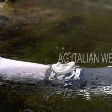 Ag Italian Wetlook: Leyla in river with jeans, old blue Vans, white socks and pink sweater