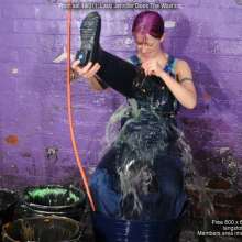 DungeonMasterOne: Lady Jennifer cleans up in soaking wet dungarees!