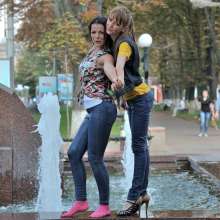 ufa217: Friends Nika and Greta play around in the city fountain.