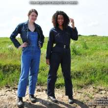 DungeonMasterOne: Mud!  Friday and Chastity in cute overalls push each other in!