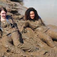 DungeonMasterOne: Mud!  Friday and Chastity in cute overalls push each other in!