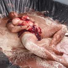 Stella: Stella has cake batter, jelly, syrup, and melted chocolate dumped over her.