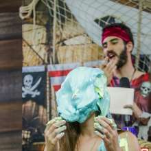 walking the plank: Hot brunette takes 30 pies and is devastated by slime--Andreza vs Julia