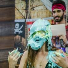 walking the plank: Hot brunette takes 30 pies and is devastated by slime--Andreza vs Julia
