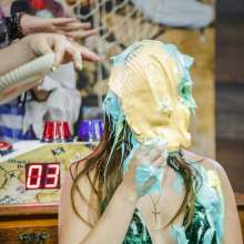 walking the plank: Hot brunette takes 30 pies and is devastated by slime--Andreza vs Julia