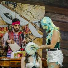 walking the plank: Hot brunette takes 30 pies and is devastated by slime--Andreza vs Julia