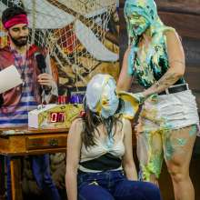 walking the plank: Hot brunette takes 30 pies and is devastated by slime--Andreza vs Julia