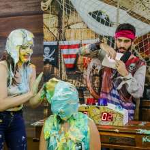 walking the plank: Hot brunette takes 30 pies and is devastated by slime--Andreza vs Julia