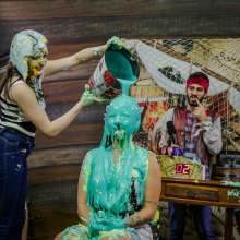 walking the plank: Hot brunette takes 30 pies and is devastated by slime--Andreza vs Julia