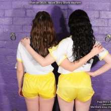 DungeonMasterOne: Messy Mayhem with Maude and Honeysuckle in yellow Nylon shiny shorts!