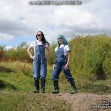 DungeonMasterOne: Honeysuckle and Lady Jennifer in denim dungarees mudslide fun!